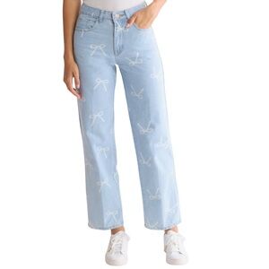 Flying Angel | Women’s Bow Print High‎ Waist Straight Leg Jeans Light Wash NWT